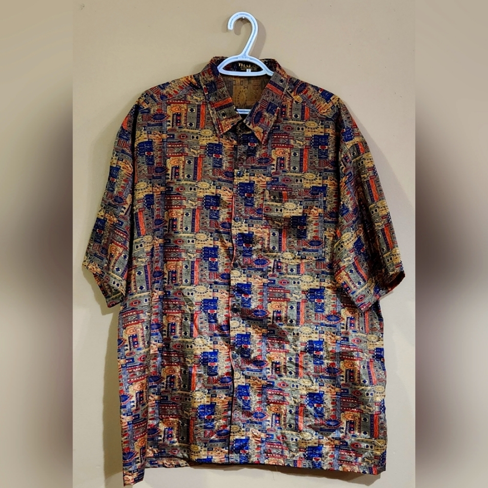 Thai Silk Men Sz XXL Short Sleeve Shirt Gold, Dark Red & Blue, Siew Chang Huat